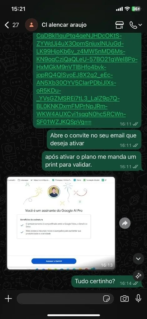 Alencar Araujo ativando o Google AI Pro direto na tela do navegador