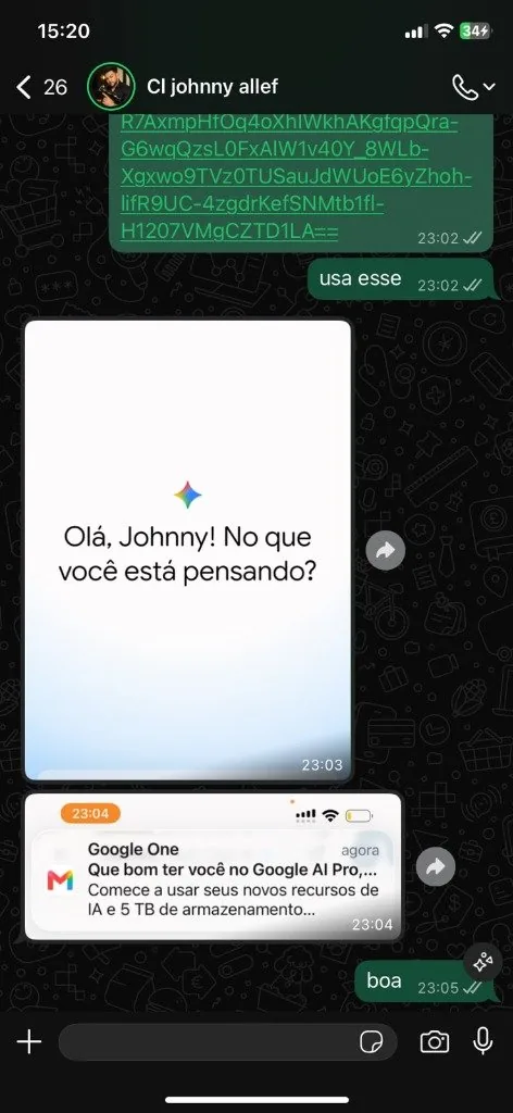 Johnny Allef com Gemini aberto e notificação oficial do Google One