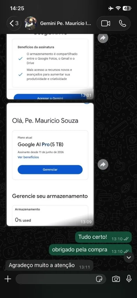 Painel do Google One de Pe Mauricio mostrando Google AI Pro 5 TB ativo