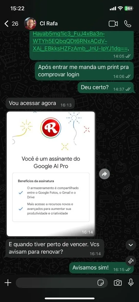 Confirmação de acesso ao Google AI Pro com Rafa via WhatsApp