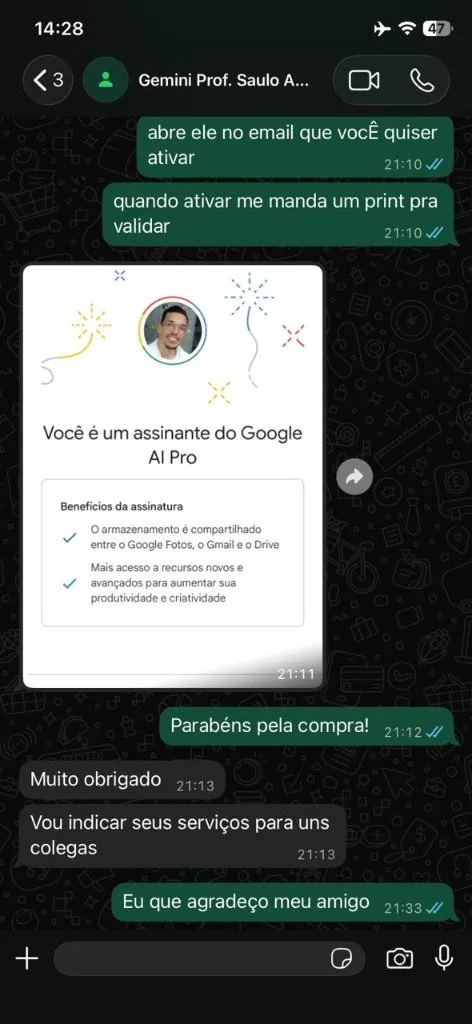 Conversa no WhatsApp com Prof Saulo confirmando ativação do Google AI Pro
