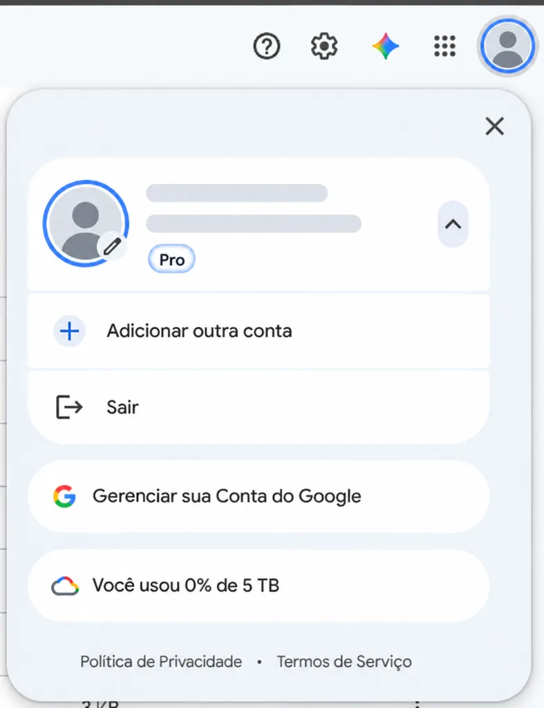 Perfil Google mostrando badge Pro e 5TB de armazenamento disponível