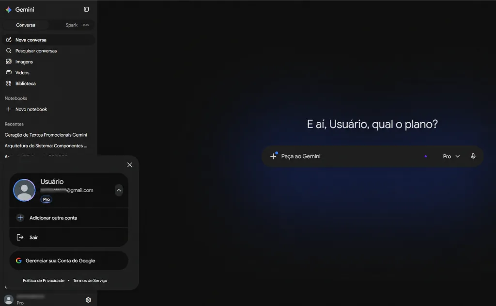 Interface do Gemini mostrando modelo Pro selecionado e badge Pro na conta