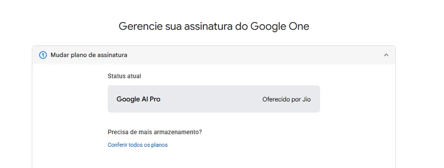 Tela do Google One mostrando status: Google AI Pro - Oferecido por Jio
